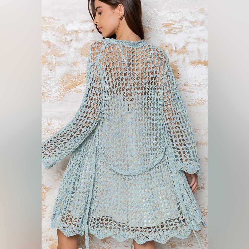 POL Powder Blue Crochet Knit Wrap Tie Waist Cardigan Sweater - Picture 6 of 7